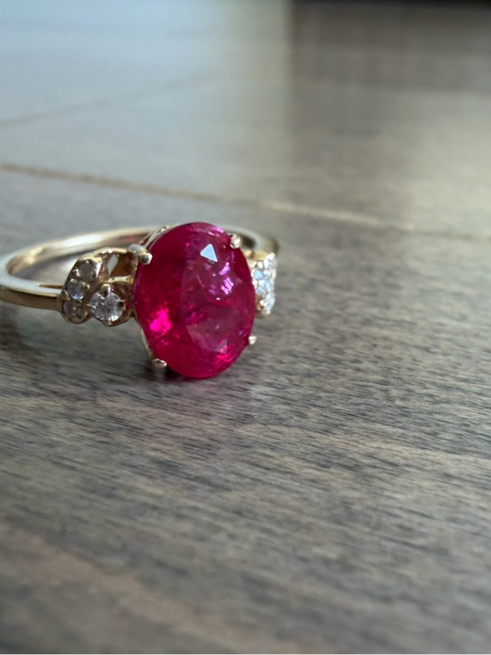 Oval lab Ruby 14K Yellow Gold Ring with Moissanite Accents, 2.22CT